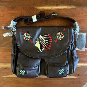 Sourpuss Faux Leather Messenger Bag Tattoo Headdress Embroidered Crossbody Brown